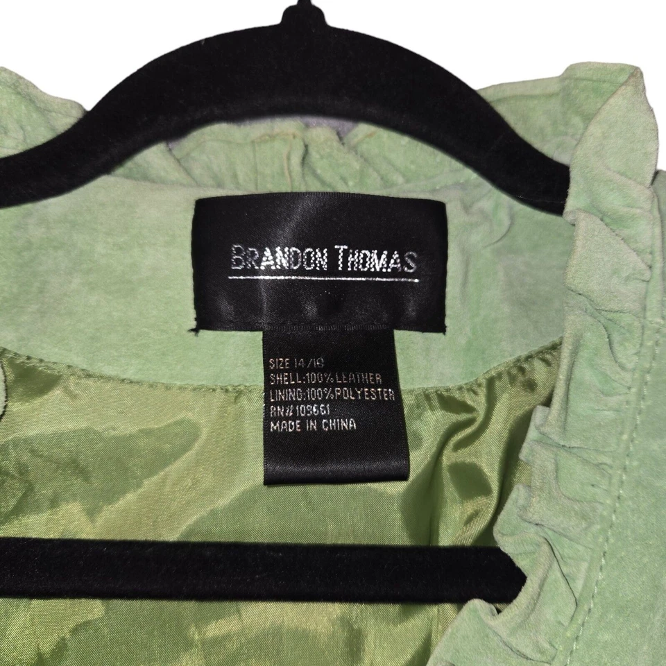 Brandon Thomas Womens 14/16 Suede Leather Jacket Green Open Front Ruffle - Image 2 of 4