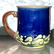 Handmade Signed Art Pottery Ceramic Mug Blue/Green Glazed Wave Ocean China