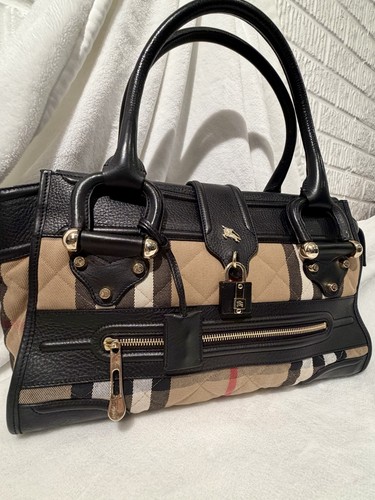 Burberry House Check Manor Satchel Top Handle Bag Beige Black Gold Hardware