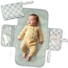 Tiny Twinkle Portable Diaper Changing Pad-Foldable Waterproof Sage Checkers 