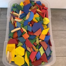 600 Pc Geometric Shapes Flat Educational Building Wood Plastic Pattern Blocks