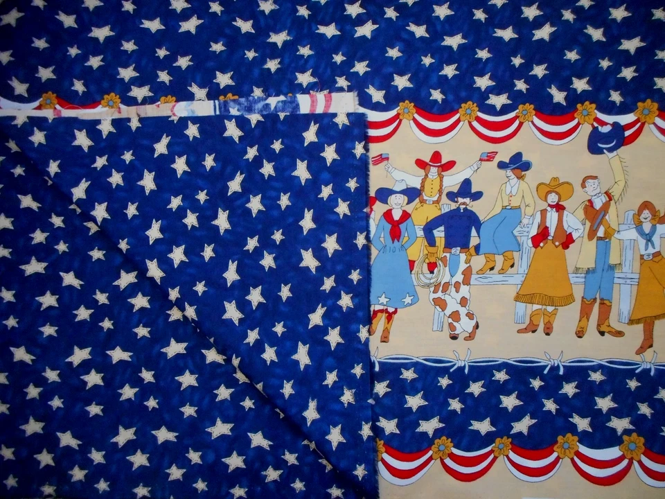 Western Fabric 1 1/8 Patriotic Cowboys Cowgirl Border Stars Navy Moda Cotton Vtg - Image 4 of 4