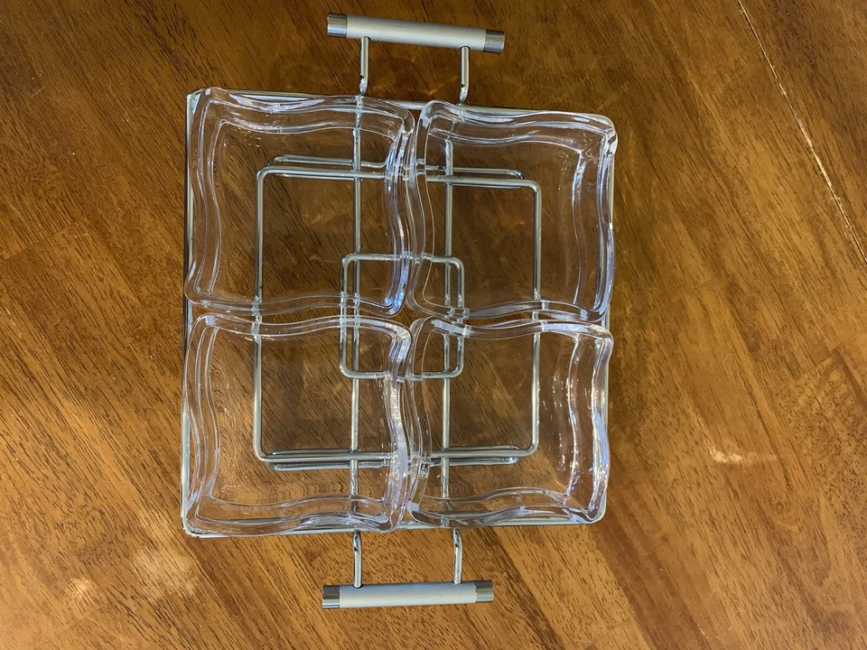 Mod Wave Square Appetizer / Snack Serving Dish Tray Set Glass & Chrome - Image 2 of 4