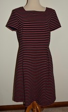 Talbots Dress Sz 12 Black Pink Striped Short Sleeve Square Neck Pleated