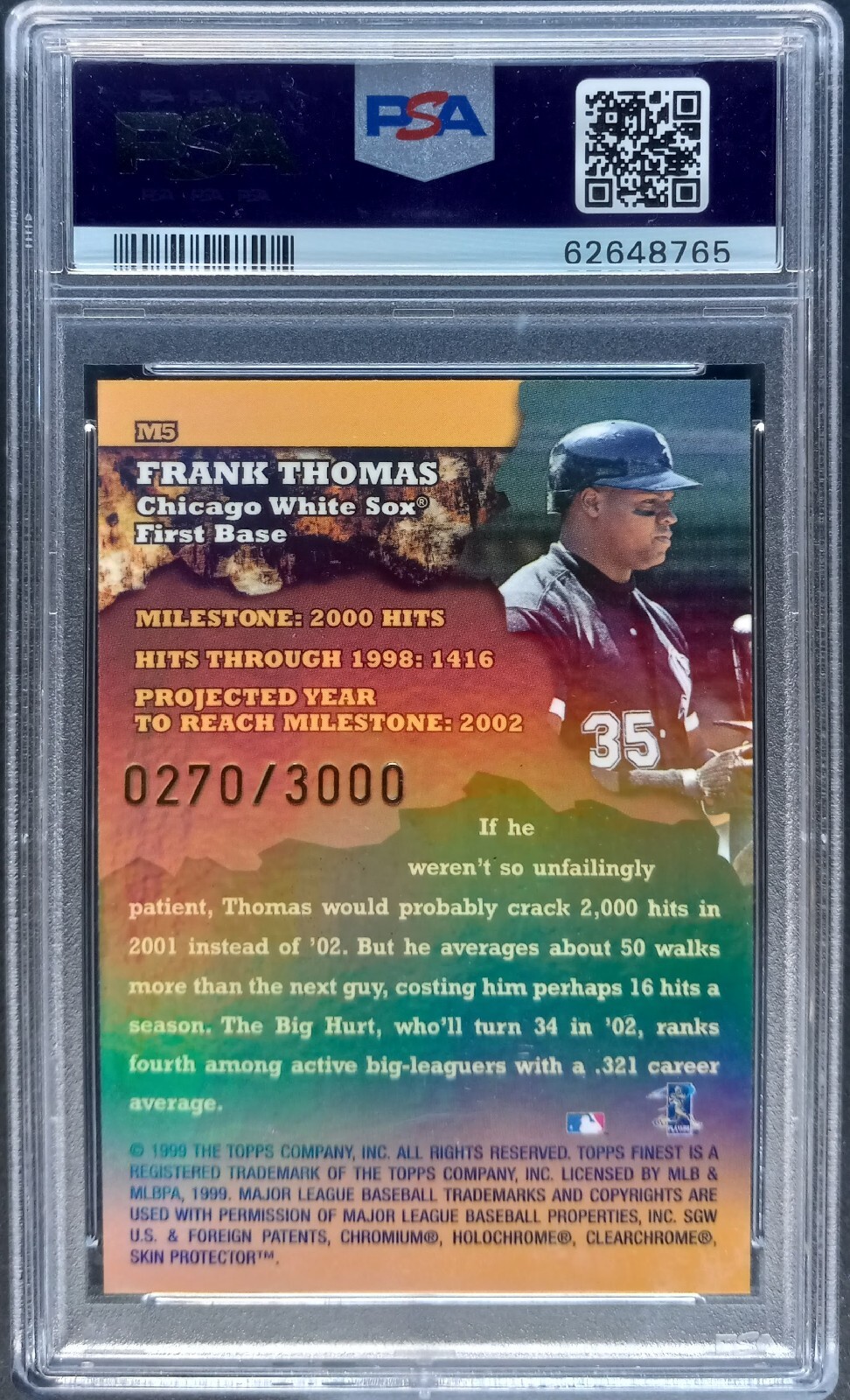 1999 Topps Finest Milestones #M5 Frank Thomas HOF /3000 PSA 8 NM-MT Graded view 2