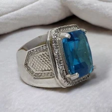 Blue Topaz Emerald Cut Gemstone With 925 Sterling Silver Ring For Men's #851