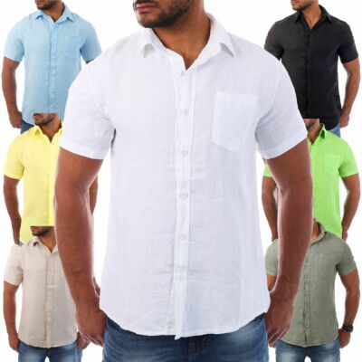 Young & Rich Herren Leinenhemd kurzarm körperbetont slim fit 100% Leinen T3158
