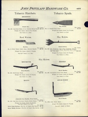tobacco spud tool 1916 PAPER AD Tabacco Farmer Tools Hatchet Spud Hay Knife Spear Point Bush  Hook