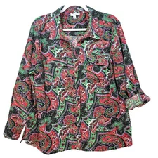 Notations Button Up Blouse Womens XL Multicolor Pockets Colorful Mixed Print