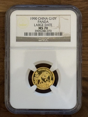 1990 MS70 China Gold Panda Large Date 1/10 oz G10Y 10 Yuan NGC Perfect Coin!