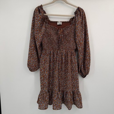 Arula Brown Blue Floral Smocked Mini Dress Long Sleeve Ruffle XL Cottagecore