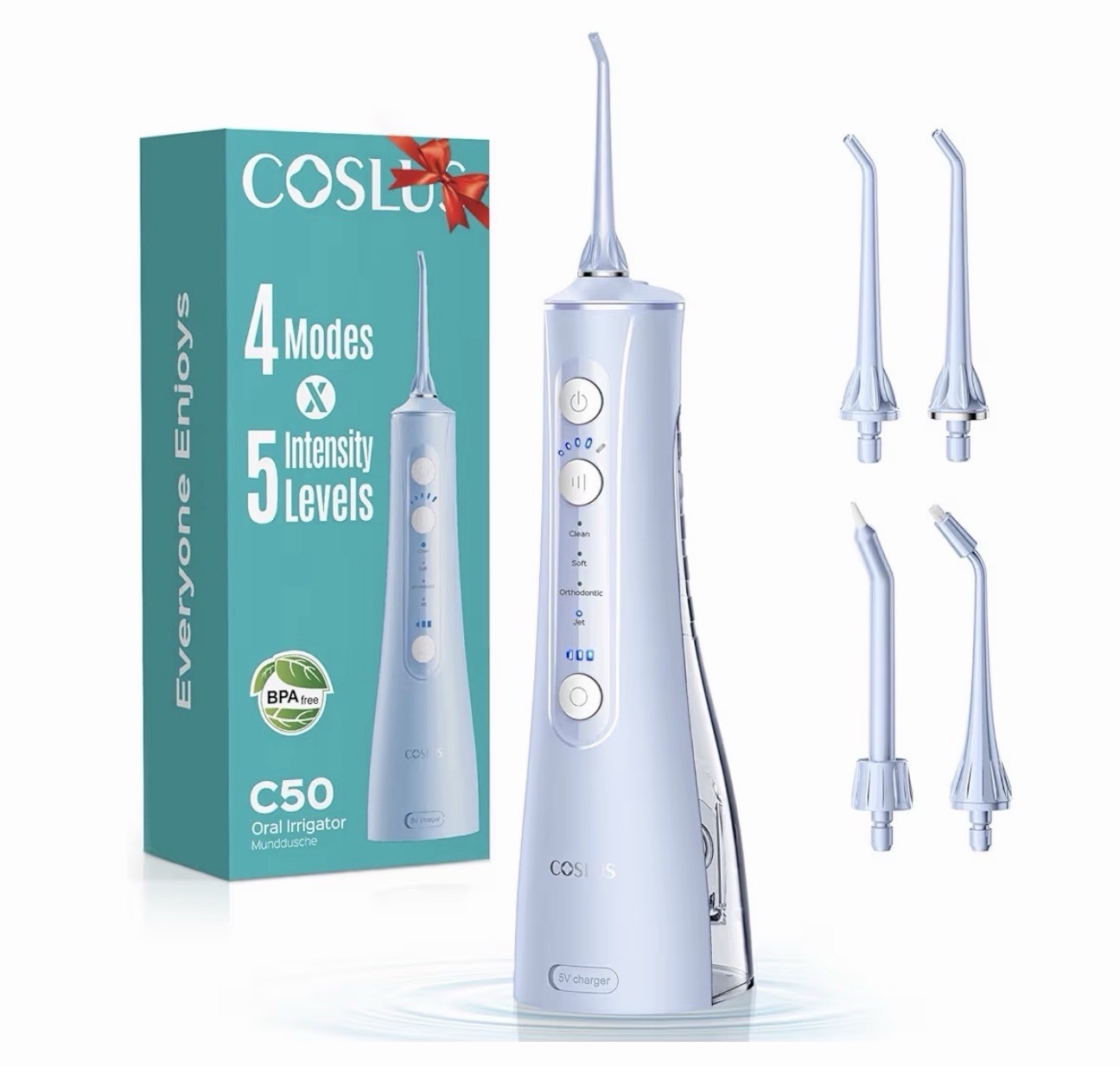 COSLUS C50 Water Flosser for Teeth Cordless: 4 Modes & 20 Levels - Portable Irr