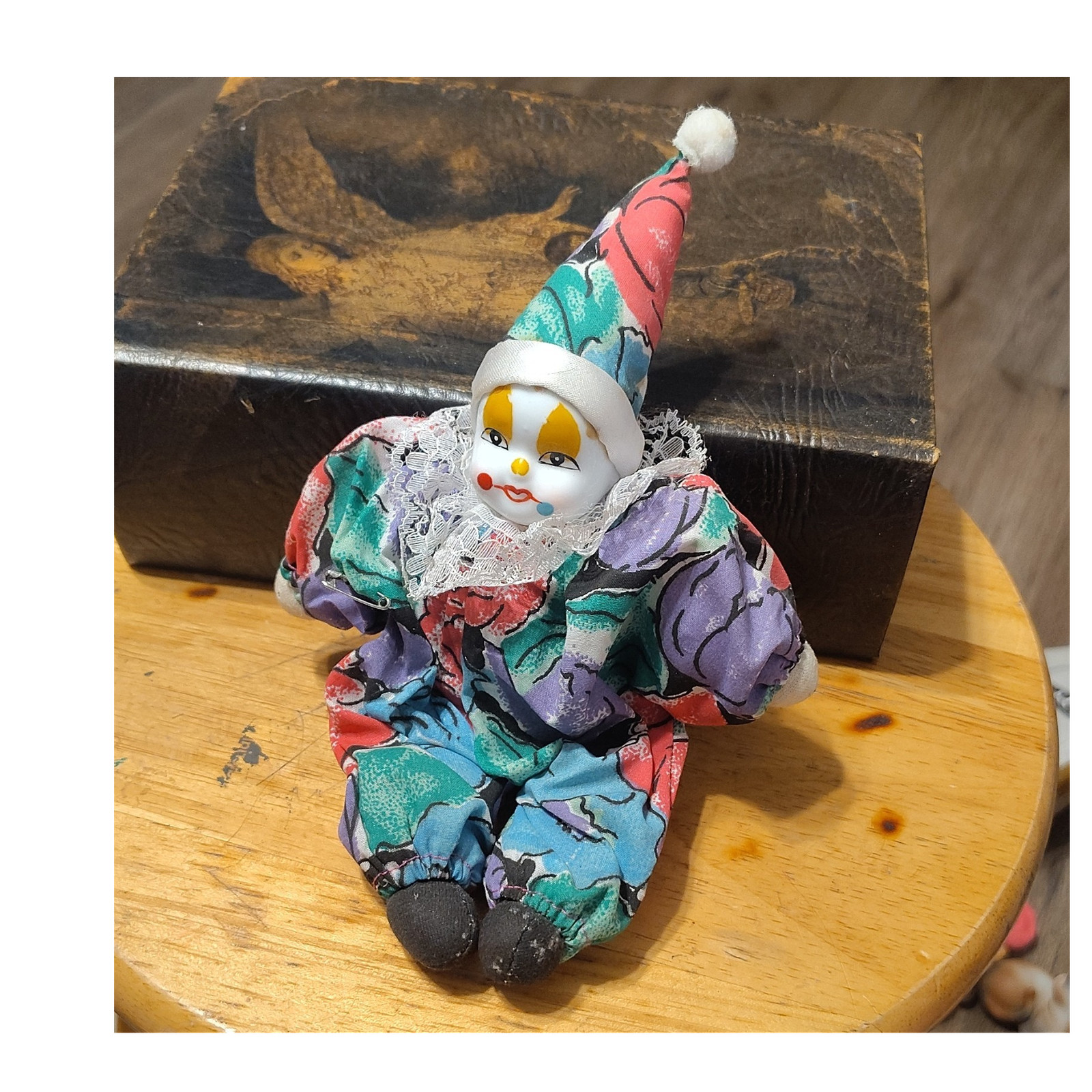 Porcelain Clown Doll Colorful Outfit Lace Collar Hat Single Unit