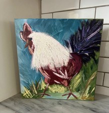 Pintura al óleo original brillante Impasto pintada a mano, el gallo 12 x 12 pollo