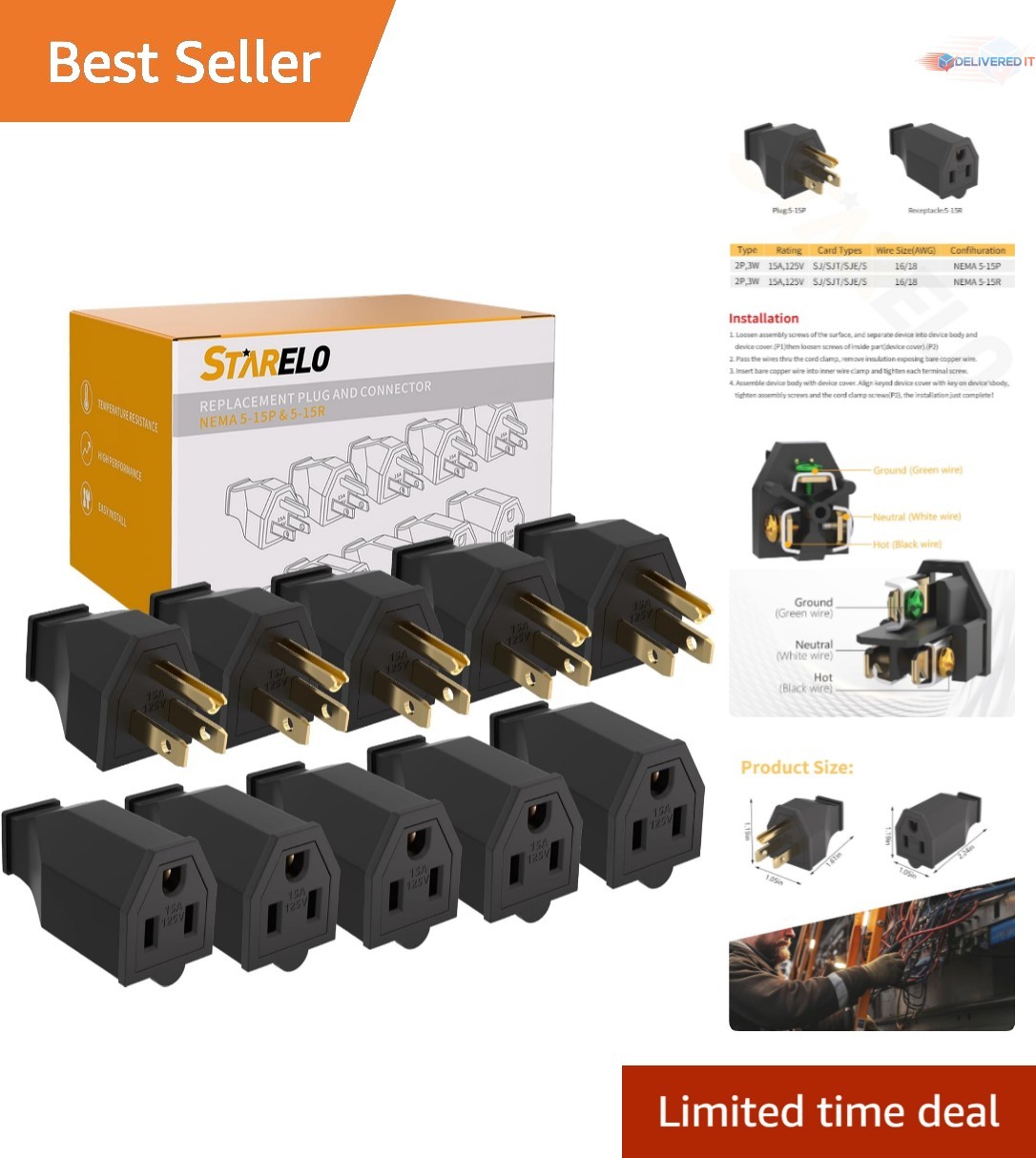 Extension Cord Ends 125V 15A 2Pole 3Wire Male Female NEMA Replacement Set