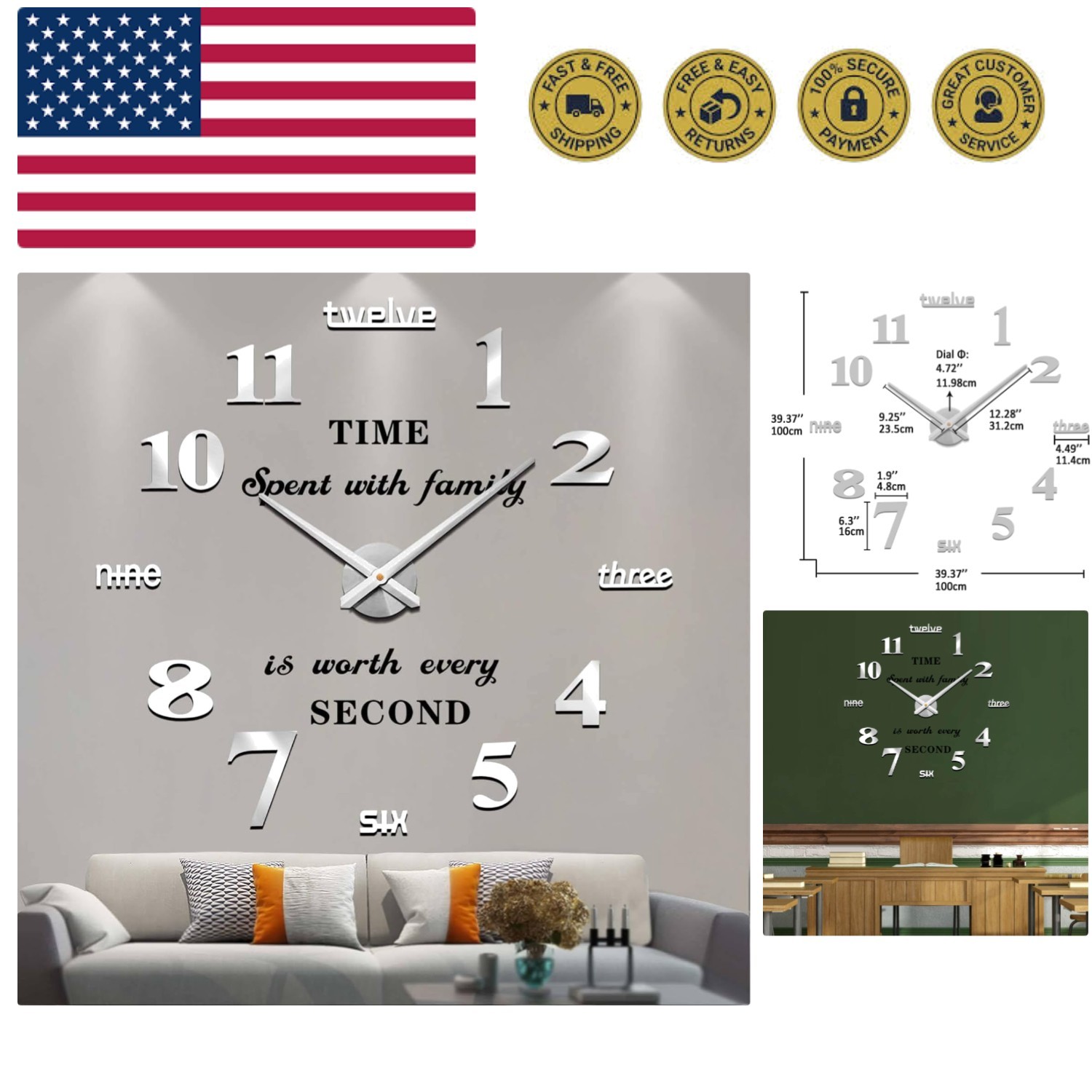 Large Wall Clocks for Living Room Decor, DIY Wall Clock Modern 3D Wall Clock ...