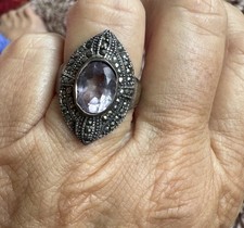 Vintage 925 Sterling Silver Genuine Amethyst Marcasite Band Ring Size 7.5
