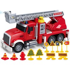 15" Fire Truck Toy Friction Powered Fire Rescue Vehicle Lights Sirens Water Pump
