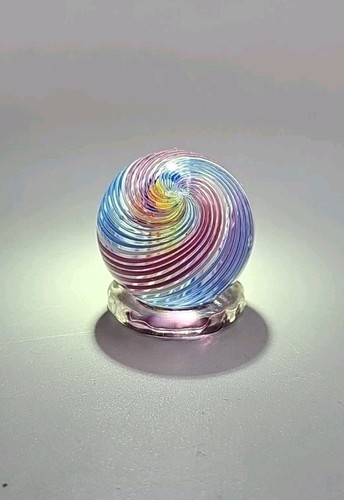 Contemporary Hand Made Art Glass Marble Purple Blue Swirl Rainbow Center 0.92"