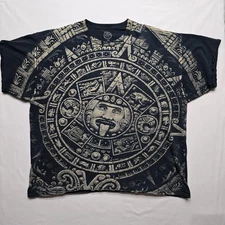 Aztec Calendar Shirt Mens 3XL Black Bleach Wash Graphic All Over Print Tee ODM