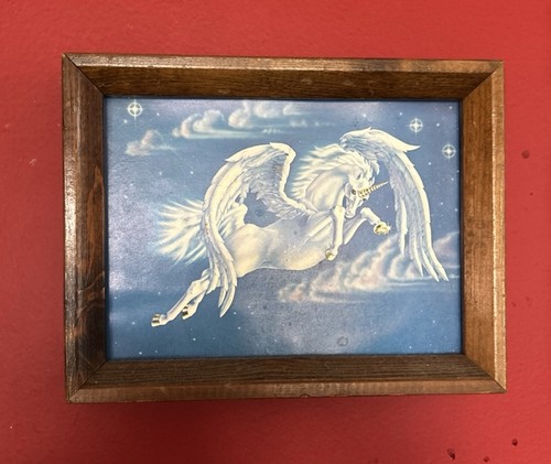Vtg 80s Unicorn Pegasus Picture Wall Art Wood Retro Vintage