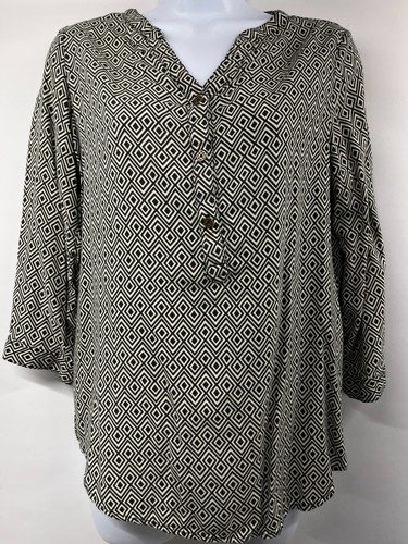 Cathy Damen Gr. S V-Ausschnitt Henley Roll-Tab 3/4-Ärmel schwarz/hellbraun Bluse Top