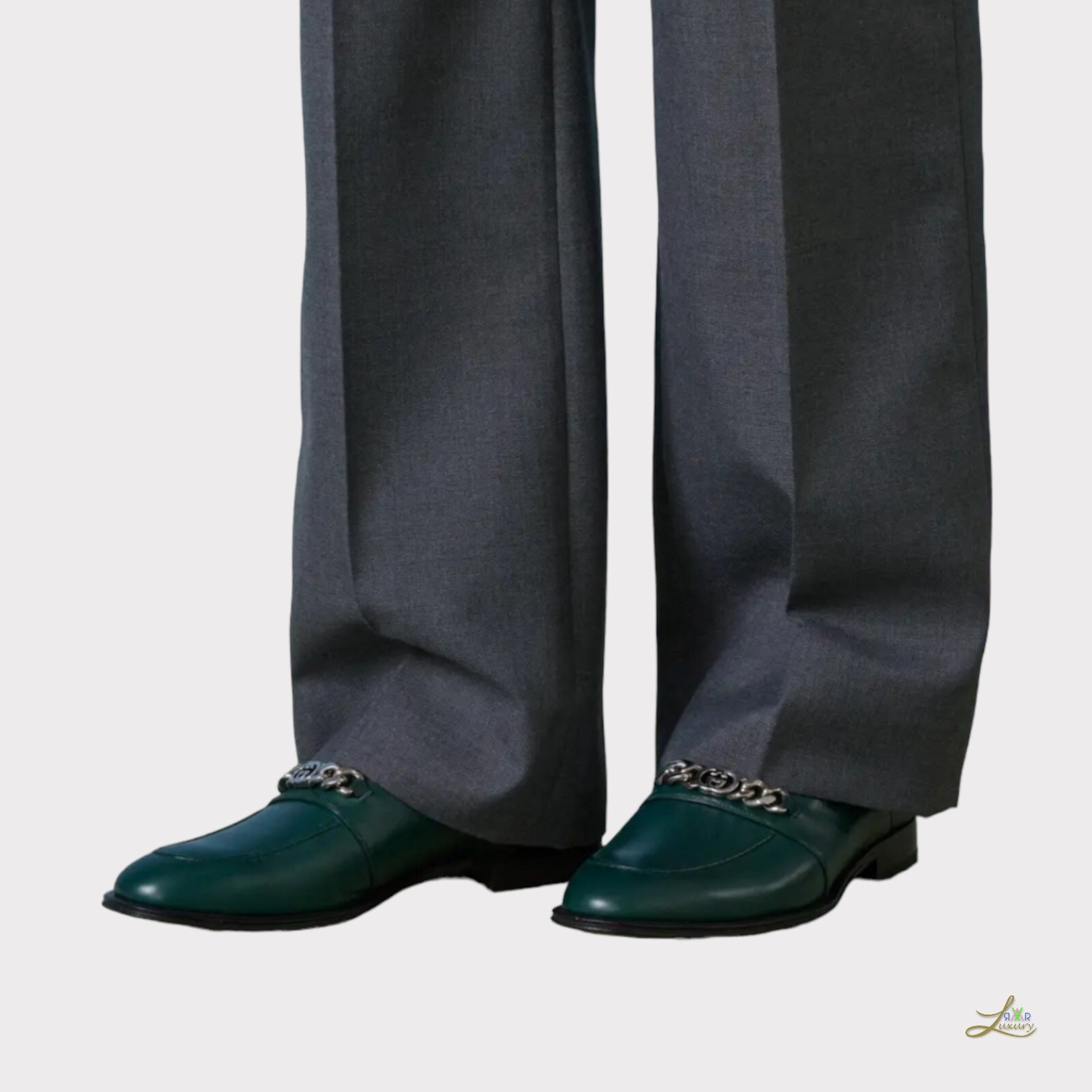 Gucci Interlocking G Green Leather Loafers Chain Detail EU 42.5 image 8