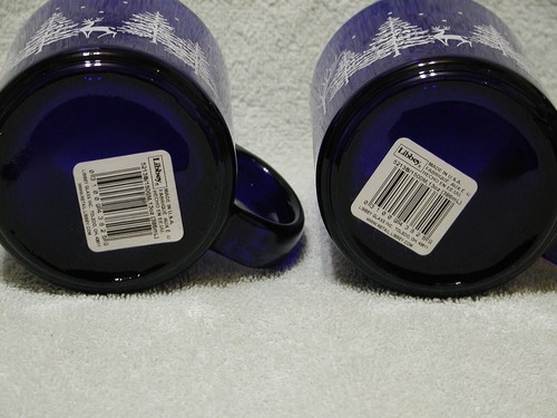 2 Vintage Libbey Cobalt Blue Glass Mug Cups Reindeer Pine Trees - Picture 3 of 5