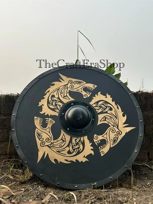 Wooden Viking Shield | Fenrir Golden Wolf Norse Shield | Ragnar Shield Battle