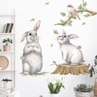 Two Cute Playing Bunny on the Tree Stump Wall Stickers with Birds Branches Baby