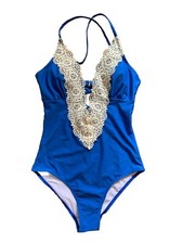 Cupshe Women's XS Blue Swimsuit Low Cut Beige Crochet Trim Neckline Padded Bra