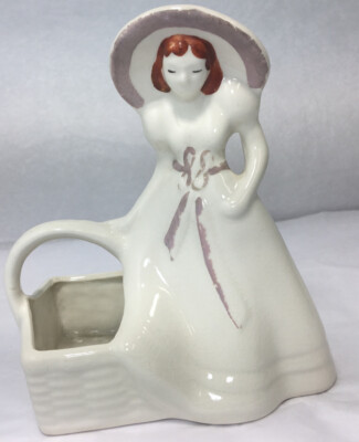 1940s Vintage Hull USA Art Pottery 6 inch Planter Vase White Lady Basket & Hat