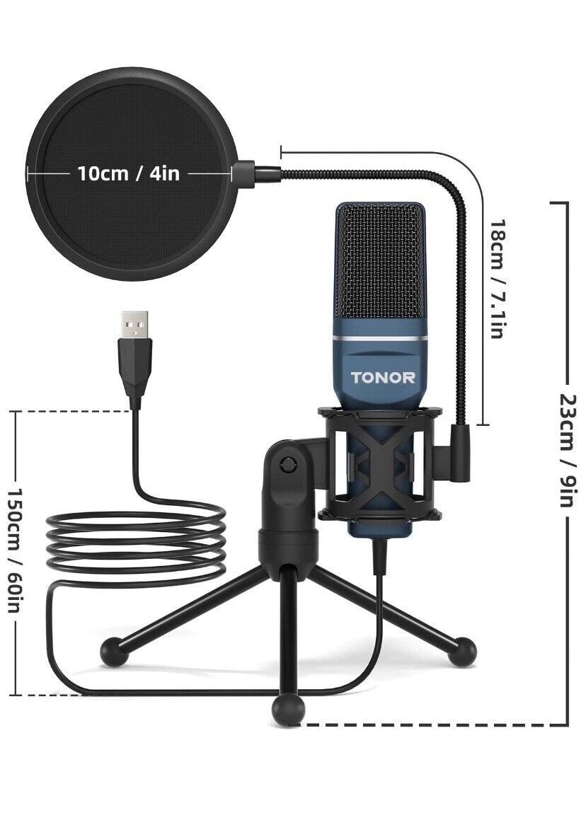 TONOR USB-mikrofon, njurkarakteristik, kondensator, PC-mikrofon med stativ,  popfilter, mikrofonspindel för streaming, podcasting, voice-over, Twitch