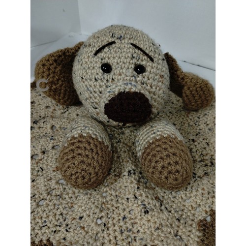 Puppy Lovey Handmade Crochet Tan and Brown Puppy Security Blanket 15" Wide