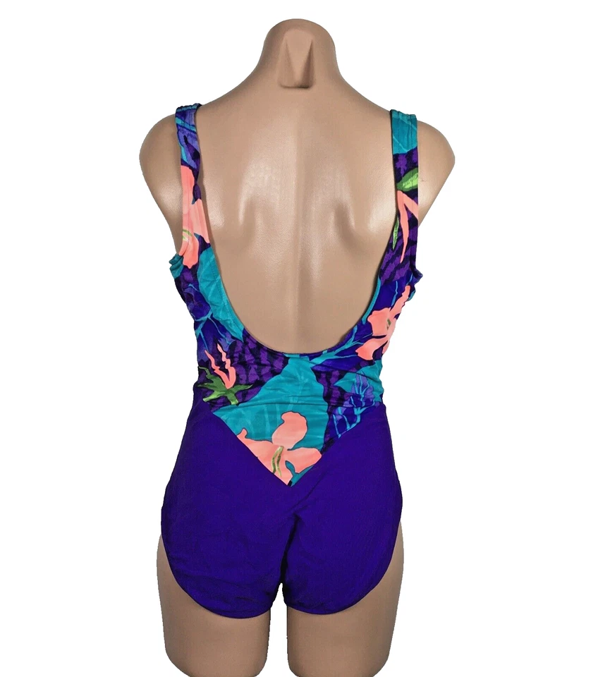 Traje de baño ajustado de una pieza de baño de colección años 80 floral neón floral sujetador incorporado talla 14 Foto 2 de 4