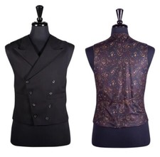 Mens Double Breasted Vest Black Wool Handmade Formal Tuxedo Wedding Waistcoat 38