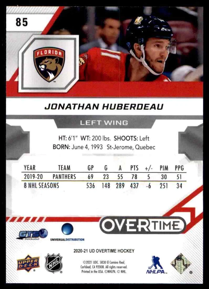 2020-21 Upper Deck Overtime Blue Jonathan Huberdeau #85 - Image 2 of 2