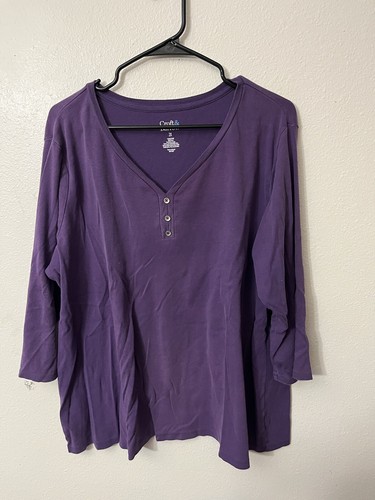 Croft & Barrow Womens Classic Henley Tee Size 2X Purple 3/4 Sleeve Cotton