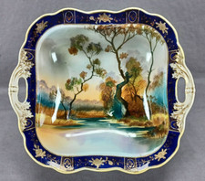NORITAKE Old Swan Lakeside Picture Large Decorative Bowl In Cobalt  Raised Gold
