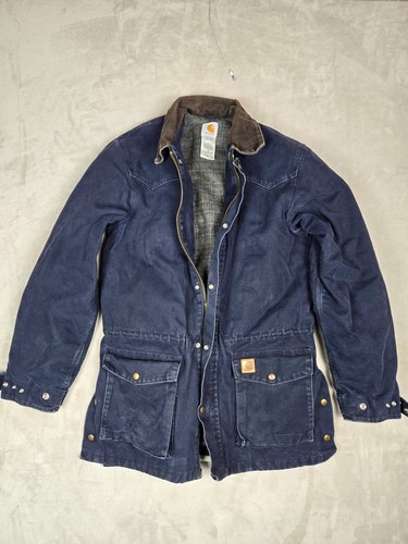 VTG Carhartt Jacket Mens Med Reg Blue Duck Canvas Blanket Lined Chore Coat Ranch
