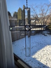 Vintage Clear Stained Glass Cross Suncatcher Window Panel Decorative Art