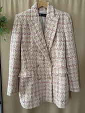 ZARA Double Breasted Textured Tweed Blazer Jacket Womens Sz M Metallic Pink
