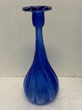 Hand Blown Art Glass Vase Cobalt Blue Ribbed and Twisted Narrow Neck 10