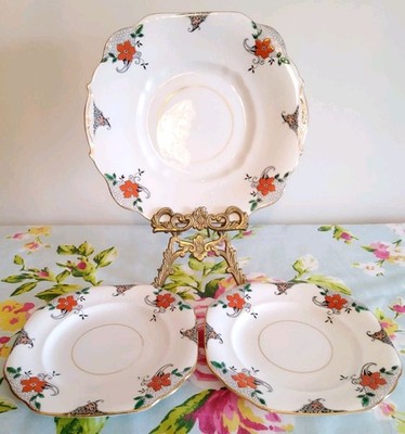 Antiker Art Deco Blyth Diamond Bone China Kuchenteller & Beilagenteller orange Blume