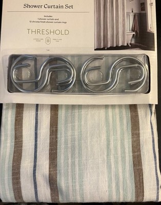 Threshold Clipped Square Stripe 100% Cotton Shower Curtain Set White Brown Blue