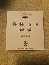 Disney Bowtiful Minnie Mouse Earring Set 14k Gold Plated Set 3 Sets New In Card