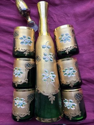 This Complete 7-piece Vintage Green and Gold Decanter Bohemian Glass Decanter