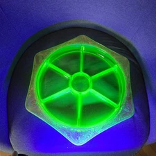 Vintage Hexagonal Uranium glass gold trim chip and dip plate GLOWS