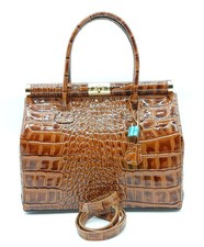 Italian Shiny Croc Embossed Leather Handbag Satchel – Made In Italy - Brown