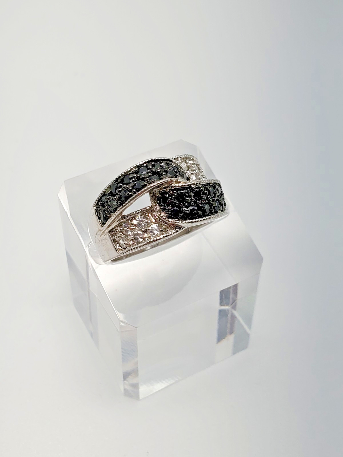 Fas 925 Sterling Silver Ring Signed FAS 925 Black & Clear Stones Size 9.25